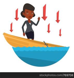 Business woman standing in sinking boat and asking for help. Business woman sinking and arrows behind her symbolizing business bankruptcy. Vector flat design illustration isolated on white background.. Business woman standing in sinking boat.