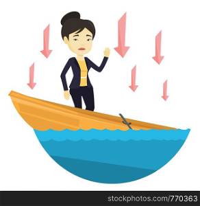 Business woman standing in sinking boat and asking for help. Woman sinking and arrows behind her pointing down symbolizing bankruptcy. Vector flat design illustration isolated on white background.. Business woman standing in sinking boat.