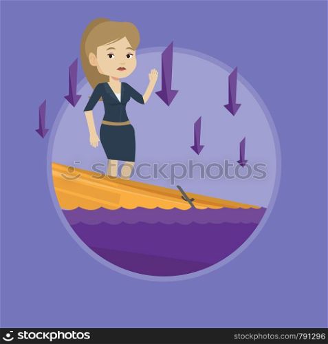 Business woman standing in sinking boat and asking for help. Business woman sinking and arrows behind her symbolize bankruptcy. Vector flat design illustration in the circle isolated on background.. Business woman standing in sinking boat.