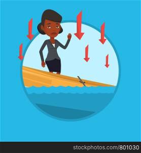 Business woman standing in sinking boat and asking for help. Business woman sinking and arrows behind her symbolize bankruptcy. Vector flat design illustration in the circle isolated on background.. Business woman standing in sinking boat.