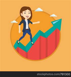 Business woman standing on profit chart. Successful business woman running along the profit chart. Concept of business profit. Vector flat design illustration in the circle isolated on background.. Business woman standing on growth graph.