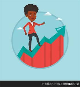Business woman standing on profit chart. Successful business woman running along the profit chart. Concept of business profit. Vector flat design illustration in the circle isolated on background.. Business woman standing on growth graph.