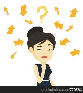 Business woman standing under question mark and arrows. Business woman thinking. Business woman surrounded by question mark and arrows. Vector flat design illustration isolated on white background.. Young business woman thinking vector illustration.
