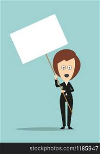 Business woman standing with open mouth and holding blank signboard on long stick with copyspace for demonstration protest concept design. Cartoon flat style. Business woman holding signboard with copyspace