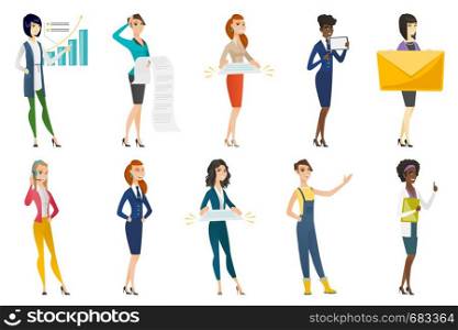 Business woman, stewardess, doctor, farmer set. Business woman analyzing tax bills, giving a contract, holding a mail envelope. Set of vector flat design illustrations isolated on white background.. Business woman, stewardess, doctor profession set.