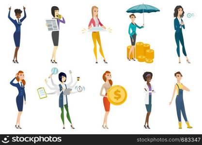 Business woman, stewardess, doctor, farmer set. Business woman drinking coffee, reading newspaper, holding a contract, dollar coin. Set of vector flat design illustrations isolated on white background. Business woman, stewardess, doctor profession set.