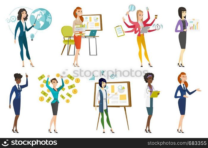 Business woman, stewardess, doctor, farmer set. Business woman giving business presentation, trying to cope with multitasking. Set of vector flat design illustrations isolated on white background.. Business woman, stewardess, doctor profession set.