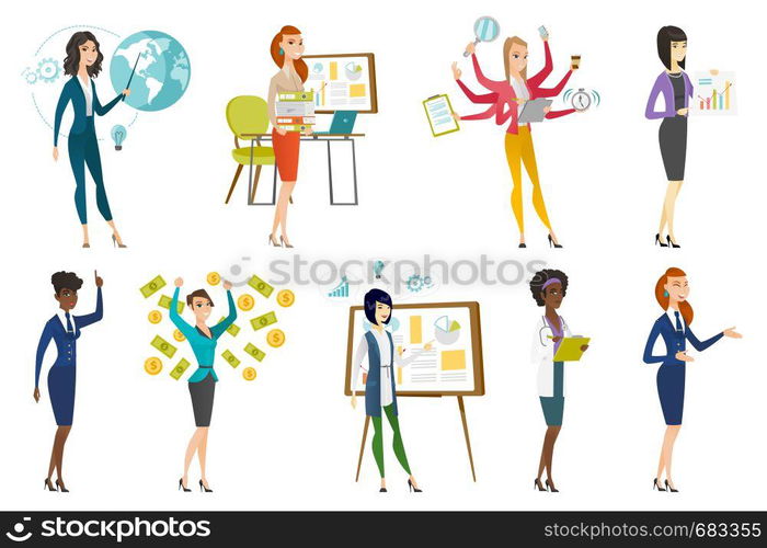 Business woman, stewardess, doctor, farmer set. Business woman giving