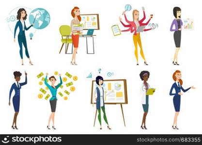 Business woman, stewardess, doctor, farmer set. Business woman giving business presentation, trying to cope with multitasking. Set of vector flat design illustrations isolated on white background.. Business woman, stewardess, doctor profession set.