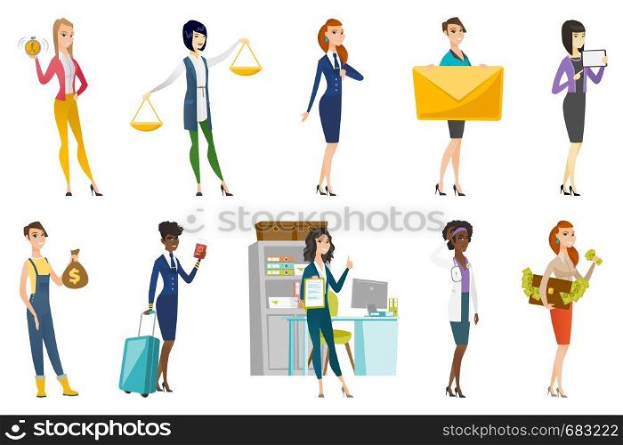 Business woman, stewardess, doctor, farmer set. Business woman holding balance scale, mail envelope, tablet computer, alarm clock. Set of vector flat design illustrations isolated on white background.. Business woman, stewardess, doctor profession set.