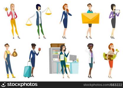 Business woman, stewardess, doctor, farmer set. Business woman holding balance scale, mail envelope, tablet computer, alarm clock. Set of vector flat design illustrations isolated on white background.. Business woman, stewardess, doctor profession set.