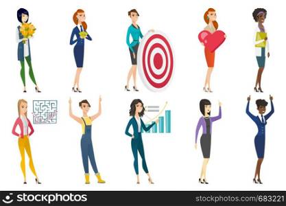 Business woman, stewardess, doctor, farmer set. Business woman holding bouquet of flowers, dartboard, pointing at growth chart. Set of vector flat design illustrations isolated on white background.. Business woman, stewardess, doctor profession set.