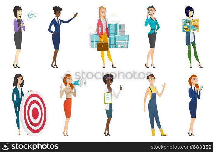 Business woman, stewardess, doctor, farmer set. Business woman holding dartboard, farmer waving, doctor giving thumb up. Set of vector flat design illustrations isolated on white background.. Business woman, stewardess, doctor profession set.