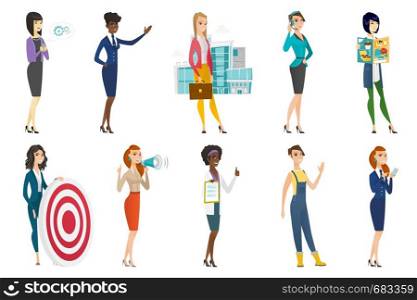 Business woman, stewardess, doctor, farmer set. Business woman holding dartboard, farmer waving, doctor giving thumb up. Set of vector flat design illustrations isolated on white background.. Business woman, stewardess, doctor profession set.