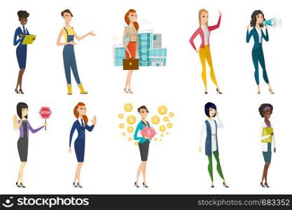 Business woman, stewardess, doctor, farmer set. Business woman holding stop road sign, piggy bank, talking on mobile phone. Set of vector flat design illustrations isolated on white background.. Business woman, stewardess, doctor profession set.
