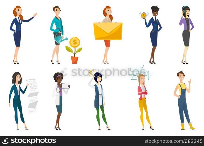 Business woman, stewardess, doctor, farmer set. Business woman investing in business project, presenting report, making solution. Set of vector flat design illustrations isolated on white background.. Business woman, stewardess, doctor profession set.