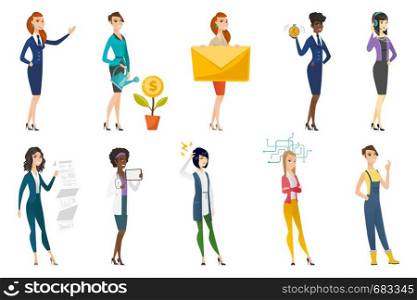 Business woman, stewardess, doctor, farmer set. Business woman investing in business project, presenting report, making solution. Set of vector flat design illustrations isolated on white background.. Business woman, stewardess, doctor profession set.