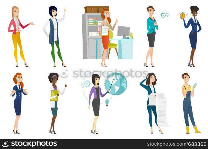 Business woman, stewardess, doctor, farmer set. Business woman laughing, giving thumb up, pointing finger up, using cell phone. Set of vector flat design illustrations isolated on white background.. Business woman, stewardess, doctor profession set.