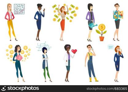 Business woman, stewardess, doctor, farmer set. Business woman looking at labyrinth with solution, standing under money rain. Set of vector flat design illustrations isolated on white background.. Business woman, stewardess, doctor profession set.