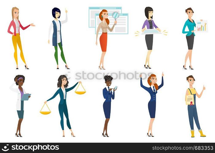 Business woman, stewardess, doctor, farmer set. Business woman pointing at financial chart, holding legal documents, gesturing. Set of vector flat design illustrations isolated on white background.. Business woman, stewardess, doctor profession set.