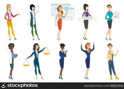 Business woman, stewardess, doctor, farmer set. Business woman pointing at financial chart, holding legal documents, gesturing. Set of vector flat design illustrations isolated on white background.. Business woman, stewardess, doctor profession set.