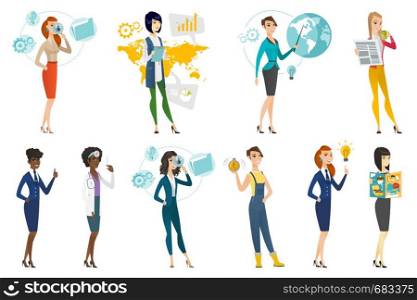 Business woman, stewardess, doctor, farmer set. Business woman pointing at globe, using a magnifier to search, doctor with syringe. Set of vector flat design illustrations isolated on white background. Business woman, stewardess, doctor profession set.