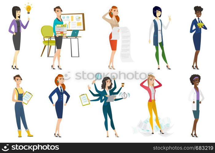 Business woman, stewardess, doctor, farmer set. Business woman pointing at idea light bulb, standing in the heap of papers. Set of vector flat design illustrations isolated on white background.. Business woman, stewardess, doctor profession set.