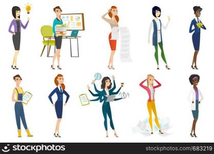 Business woman, stewardess, doctor, farmer set. Business woman pointing at idea light bulb, standing in the heap of papers. Set of vector flat design illustrations isolated on white background.. Business woman, stewardess, doctor profession set.