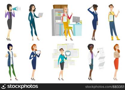 Business woman, stewardess, doctor, farmer set. Business woman pressing social media icon with heart, standing with folded arms. Set of vector flat design illustrations isolated on white background.. Business woman, stewardess, doctor profession set.
