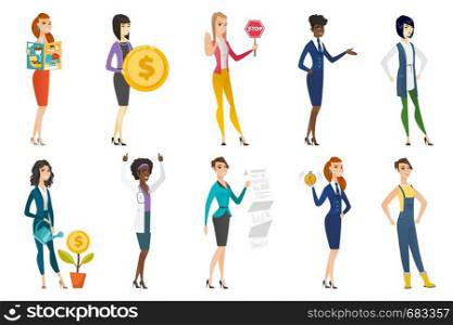 Business woman, stewardess, doctor, farmer set. Business woman screaming, reading magazine, watering money flower, showing report. Set of vector flat design illustrations isolated on white background.. Business woman, stewardess, doctor profession set.
