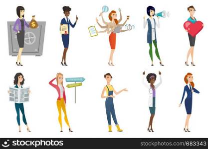 Business woman, stewardess, doctor, farmer set. Business woman showing bag of money on the background of safe, choosing career way. Set of vector flat design illustrations isolated on white background. Business woman, stewardess, doctor profession set.