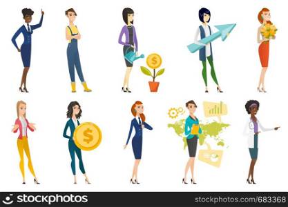 Business woman, stewardess, doctor, farmer set. Business woman standing on the background of world map, waterking money flower. Set of vector flat design illustrations isolated on white background.. Business woman, stewardess, doctor profession set.