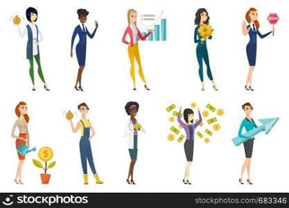 Business woman, stewardess, doctor, farmer set. Business woman standing under money rain, holding arrow representing strategy. Set of vector flat design illustrations isolated on white background.. Business woman, stewardess, doctor profession set.