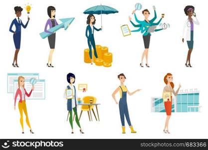 Business woman, stewardess, doctor, farmer set. Business woman using web search, giving thumb up, showing certificate. Set of vector flat design illustrations isolated on white background.. Business woman, stewardess, doctor profession set.