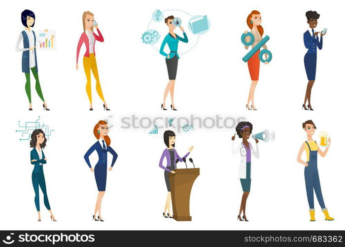 Business woman, stewardess, doctor, farmer set. Businesswoman giving speech from rostrum, stewardess yelling, farmer drinking beer. Set of vector flat design illustrations isolated on white background. Business woman, stewardess, doctor profession set.