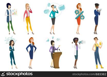 Business woman, stewardess, doctor, farmer set. Businesswoman giving speech from rostrum, stewardess yelling, farmer drinking beer. Set of vector flat design illustrations isolated on white background. Business woman, stewardess, doctor profession set.