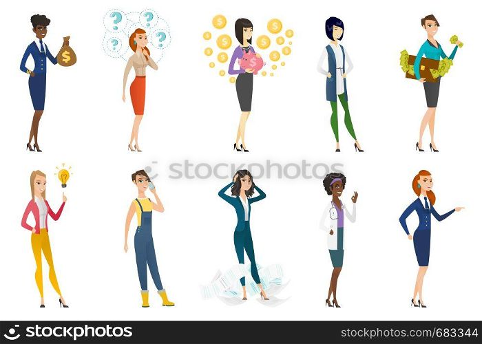 Business woman, stewardess, doctor, farmer set. Cheerful business woman thinking, holding piggy bank, briefcase full of money. Set of vector flat design illustrations isolated on white background.. Business woman, stewardess, doctor profession set.