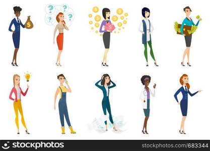 Business woman, stewardess, doctor, farmer set. Cheerful business woman thinking, holding piggy bank, briefcase full of money. Set of vector flat design illustrations isolated on white background.. Business woman, stewardess, doctor profession set.