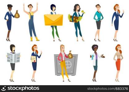 Business woman, stewardess, doctor, farmer set. Corrupt business woman with briefcase full of money, stewardess with bag of money. Set of vector flat design illustrations isolated on white background.. Business woman, stewardess, doctor profession set.
