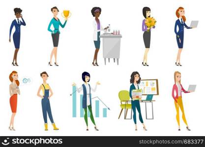Business woman, stewardess, doctor, farmer set. Doctor analyzing samples of blood, stewardess using laptop, bankrupt businesswoman. Set of vector flat design illustrations isolated on white background. Business woman, stewardess, doctor profession set.