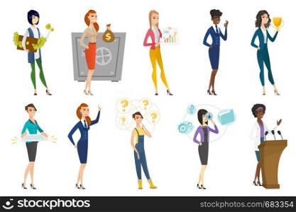 Business woman, stewardess, doctor, farmer set. Doctor giving speech from the rostrum, holding trophy, stewardess showing ok sign. Set of vector flat design illustrations isolated on white background.. Business woman, stewardess, doctor profession set.