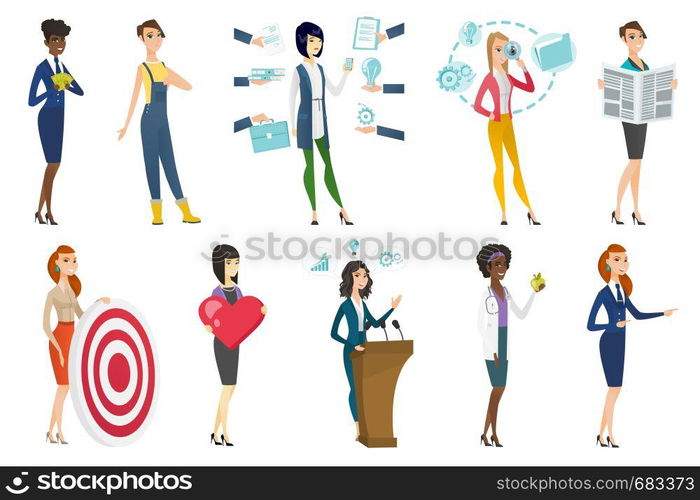 Business woman, stewardess, doctor, farmer set. Doctor nutritionist giving an apple, stewardess with money, farmer with thumb down. Set of vector flat design illustrations isolated on white background. Business woman, stewardess, doctor profession set.