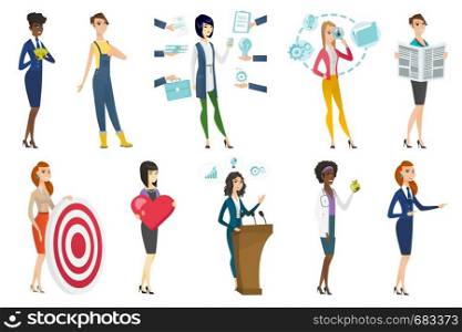Business woman, stewardess, doctor, farmer set. Doctor nutritionist giving an apple, stewardess with money, farmer with thumb down. Set of vector flat design illustrations isolated on white background. Business woman, stewardess, doctor profession set.