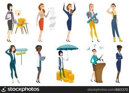 Business woman, stewardess, doctor, farmer set. Doctor with clipboard, office worker with documents, stewardess giving thumbs up. Set of vector flat design illustrations isolated on white background.. Business woman, stewardess, doctor profession set.