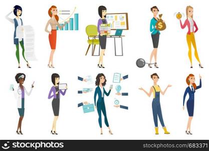 Business woman, stewardess, doctor, farmer set. Doctor with pills, farmer with outstretched arms, office worker holding folders. Set of vector flat design illustrations isolated on white background.. Business woman, stewardess, doctor profession set.