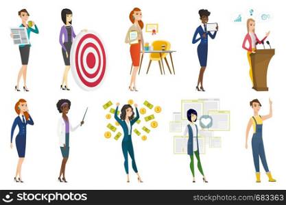 Business woman, stewardess, doctor, farmer set. Doctor with pointer, farmer came up with an idea, stewardess using tablet computer. Set of vector flat design illustrations isolated on white background. Business woman, stewardess, doctor profession set.