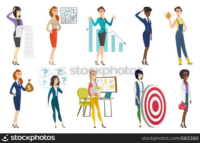 Business woman, stewardess, doctor, farmer set. Emergency doctor with first aid kit, office clerk holding folders at workplace. Set of vector flat design illustrations isolated on white background.. Business woman, stewardess, doctor profession set.