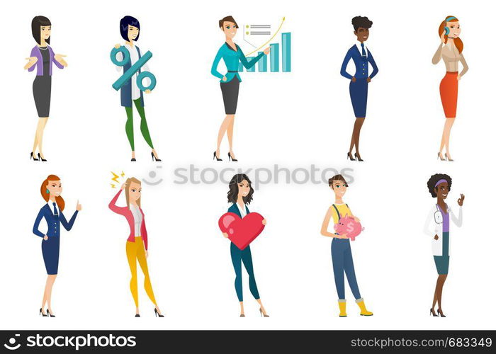 Business woman, stewardess, doctor, farmer set. Farmer holding piggy bank, business woman holding percent sign, pointing at chart. Set of vector flat design illustrations isolated on white background.. Business woman, stewardess, doctor profession set.