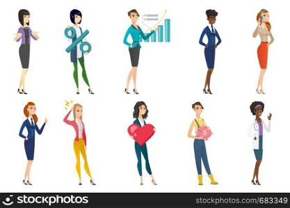 Business woman, stewardess, doctor, farmer set. Farmer holding piggy bank, business woman holding percent sign, pointing at chart. Set of vector flat design illustrations isolated on white background.. Business woman, stewardess, doctor profession set.