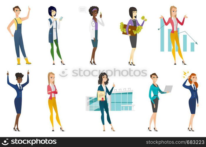 Business woman, stewardess, doctor, farmer set. Farmer pointing finger up, business woman using mobile phone, showing diploma. Set of vector flat design illustrations isolated on white background.. Business woman, stewardess, doctor profession set.